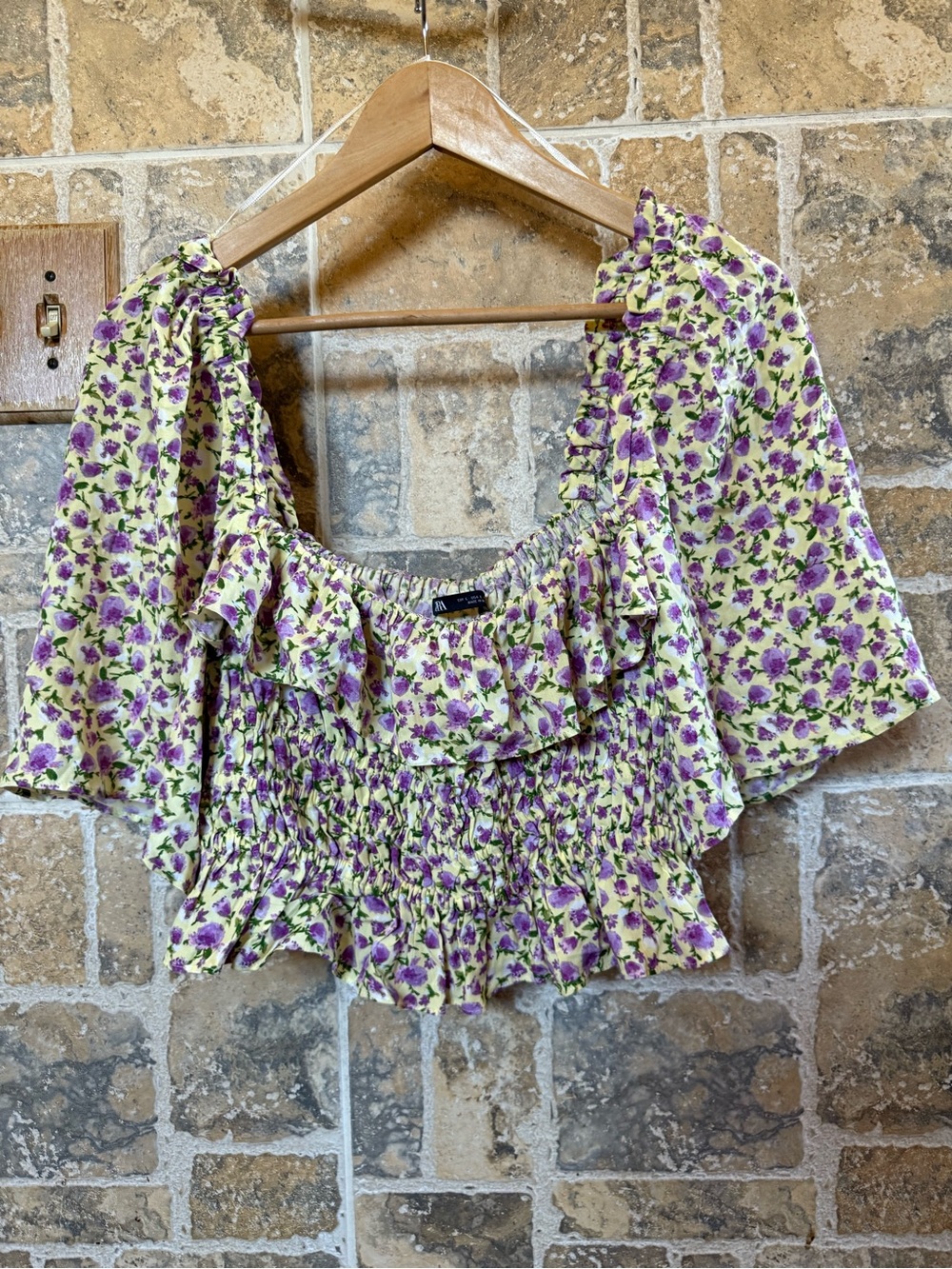 Zara Women's Cropped Floral Yellow and Purple Blouse Size Large